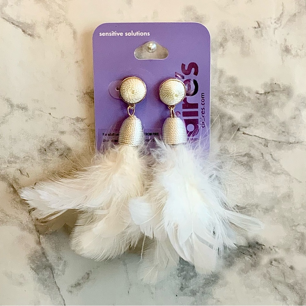 Claire's White Feather Drop Earrings - Picture 2 of 3